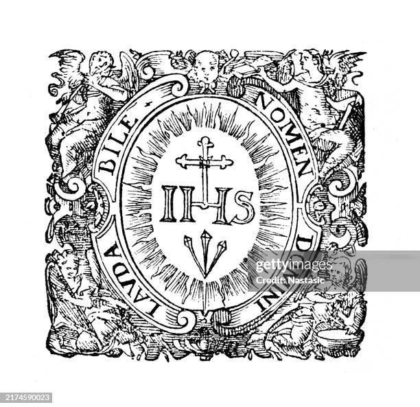 illustrations, cliparts, dessins animés et icônes de le signe jésuite. vignette de titre dans adam conz, de pace germaniae. 1616 - croix religieuse