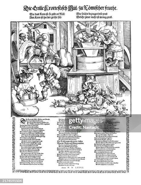 catholic priests being put through a mill (woodcut) ,anti-catholic satire ,religious pamphlet - pamphlet stock illustrations