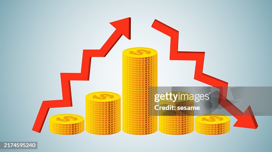 Prices or profits increase and decrease, financial or commercial booms and busts, growing piles of gold coins, rising arrows vs. decreasing piles of gold coins, falling arrows Prices or profits increase and decrease, financial or commercial booms and busts, growing piles of gold coins, rising arrows vs. decreasing piles of gold coins, falling arrows