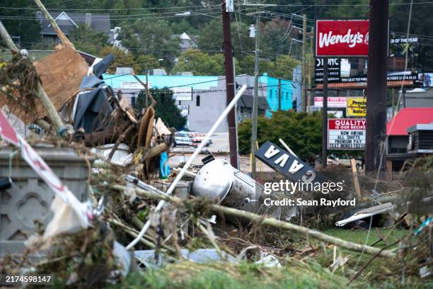 Storm damage near the Biltmore Village in the aftermath of Hurricane Helene on September 28, 2024 in Asheville, North Carolina. Hurricane Helene made...