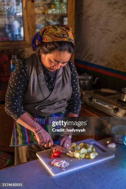 tibetan woman preparing meal, upper mustang, nepal - nepal food stock pictures, royalty-free photos & images