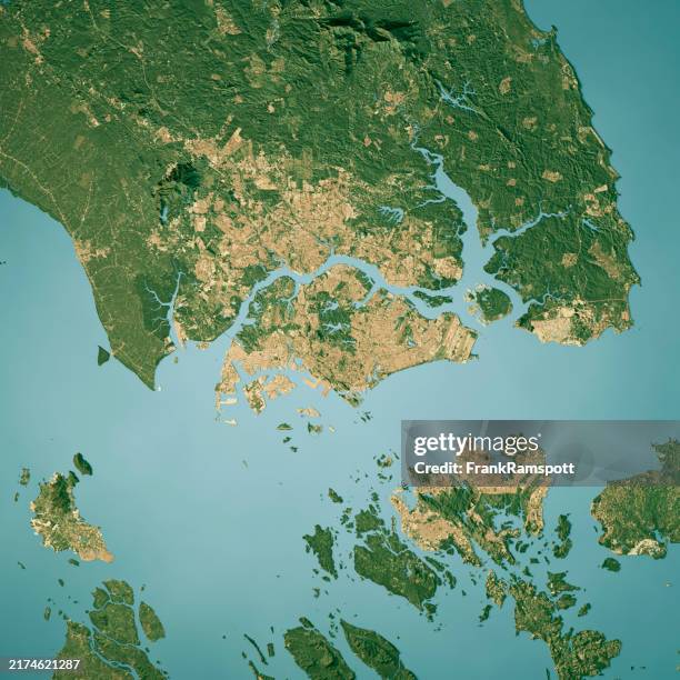 singapore satellite topographic map 3d render true color - batam stock pictures, royalty-free photos & images