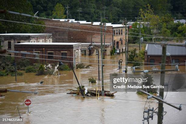 Heavy rains from hurricane Helene caused record flooding and damage on September 28, 2024 in Asheville, North Carolina. Hurricane Helene made...