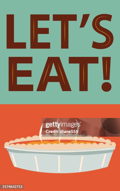 let's eat pumpkin pie fall thanksgiving greeting card design in flat colors - pumpkin pie stock illustrations