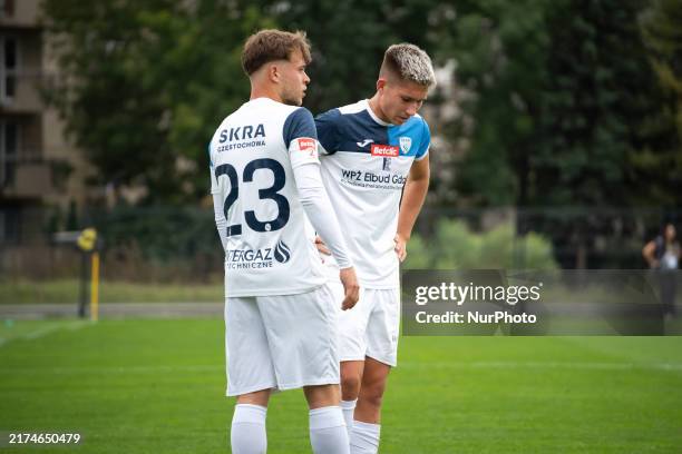 Igor Lawrynowicz and Jakub Niedbala during the game between Wieczysta Krakow and Skra Czestochowa in Krakow, Poland, on September 28, 2024. Betclic 2...