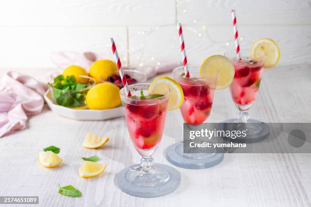 lemonade or non-alcohol cocktail with raspberry, lemon and mint in glass - raspberry cocktail stock pictures, royalty-free photos & images