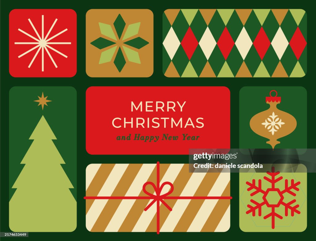 Christmas Card with Geometric decoration. Bento design style.