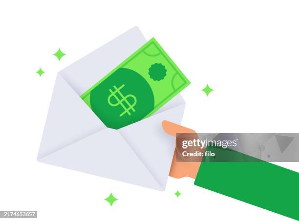 money envelope giving a gift of cash - bonus pay stock illustrations