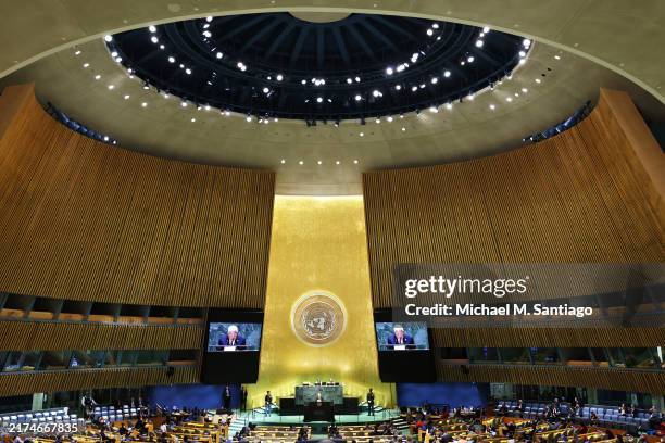 Mahmoud Abbas, President of Palestine, speaks during the United Nations General Assembly at the United Nations headquarters on September 26, 2024 in...