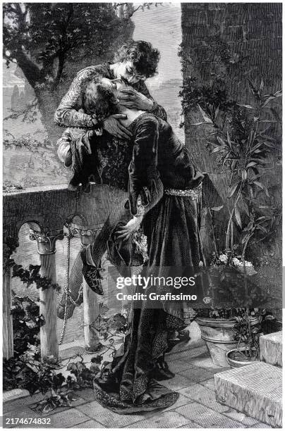 ilustraciones, imágenes clip art, dibujos animados e iconos de stock de romeo y julieta besándose ilustración 1887 - kiss paper