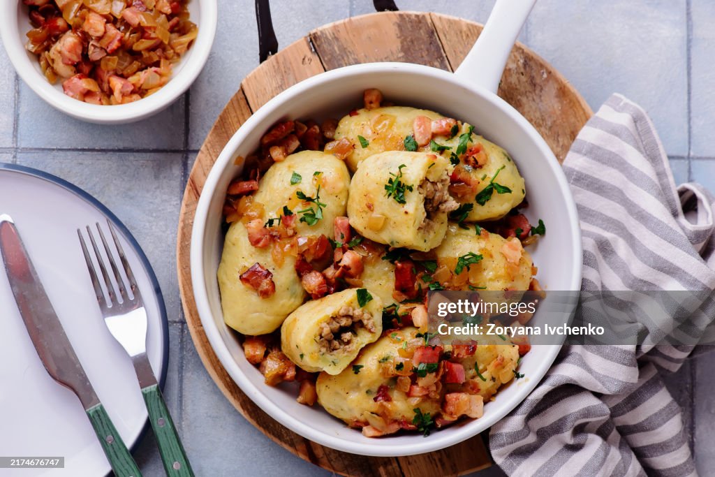 Kartaczy, traditional Polish potato dumplings with meat filling