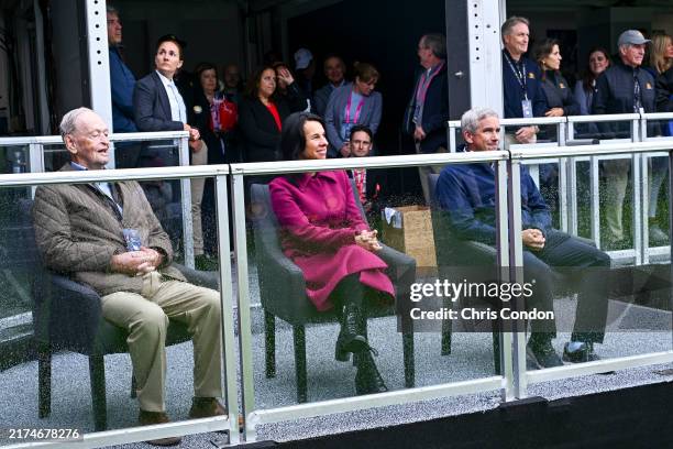 Former Prime Minister of Canada Jean Chretien, Mayor of Montreal Valerie Plante and PGA Tour Commissioner Jay Monahan look on from the first tee...