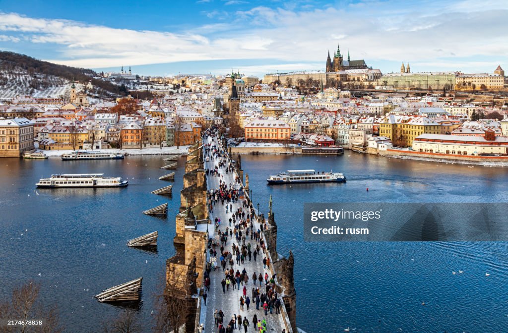 View of Prague old town and Charles Bridge at winter