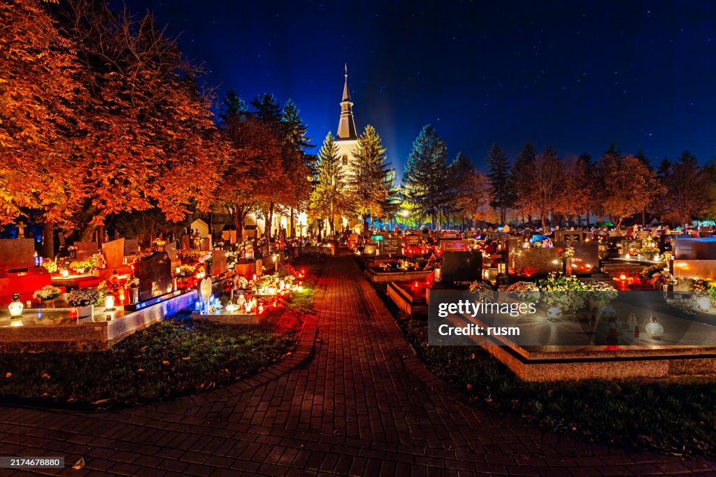 Night Cemetery at All Saints' Day in Slovakia