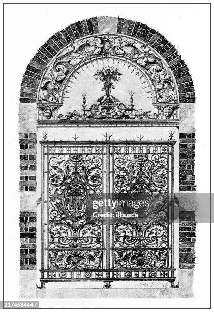 19th century architecture: wrought iron gate - front gate stock illustrations