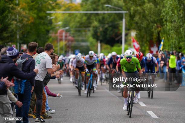Slovenia's Tadej Pogacar attacks in the men's Elite Road Race cycling event during the UCI 2024 Road World Championships, in Zurich, on September 29,...
