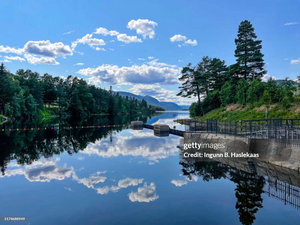 Landscape with water, canal and green trees. Reflection of blue sky and clouds in the water.