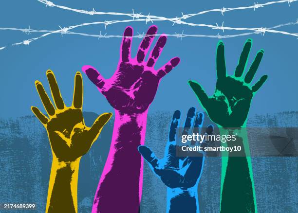 hands reaching - oppression concept - hand through wall stock illustrations