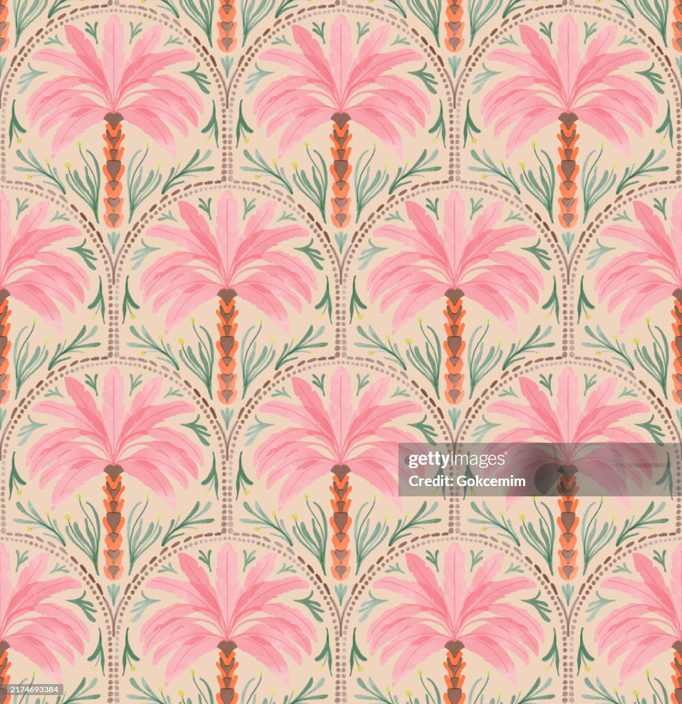 Ethnic boho tropical seamless pattern with palm trees. Modern abstract design for paper, cover, fabric, interior decor and other.