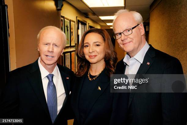 Episode 1865 -- Pictured: Special guests Dana Carvey, Maya Rudolph, and Jim Gaffigan pose together backstage on Saturday, September 28, 2024 --