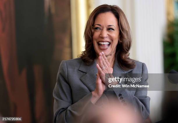 Democratic presidential nominee, U.S. Vice President Kamala Harris, delivers remarks during an event in the East Room of the White House on September...