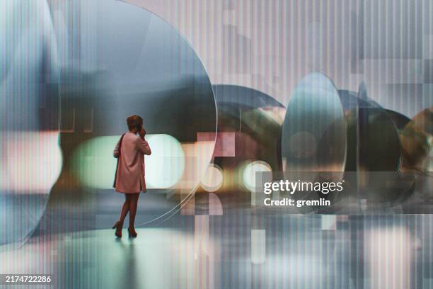woman walking in abstract glass environment - distorted stock pictures, royalty-free photos & images