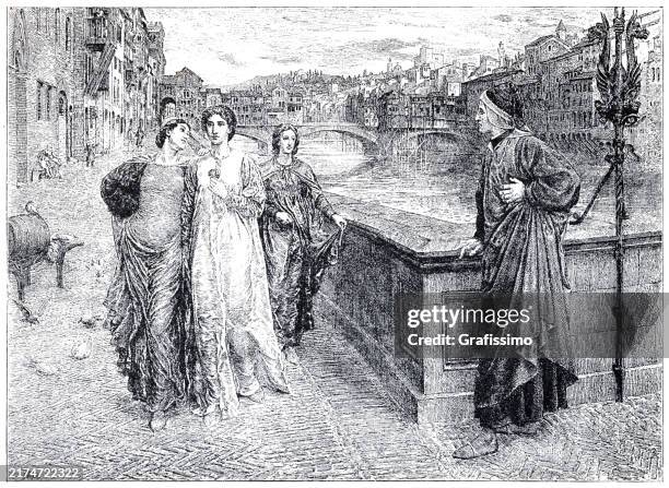 dante alighieri meets beatrice along arno river illustration - purgatory stock illustrations