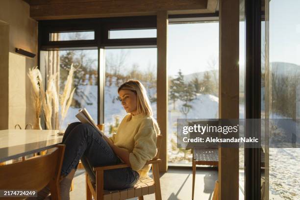 einen sonnigen wintertag im hüttenhaus verbringen - gemütlich stock-fotos und bilder