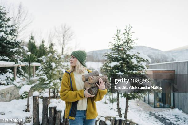 apporter du bois de chauffage coupé dans la maison - bois de chauffage photos et images de collection