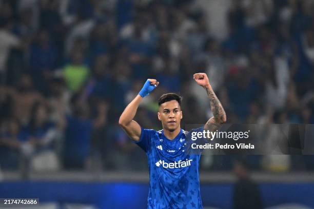 Kaio Jorge of Cruzeiro celebrates after scoring the team's first goal during the Copa CONMEBOL Sudamericana 2024 Quarterfinal Second Leg match...