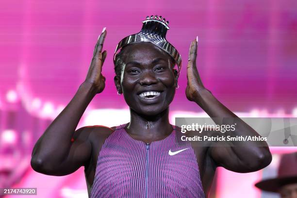 Tsige Duguma of Ethiopia celebrates winning the 800m during Athlos NYC at Icahn Stadium on September 26, 2024 in New York City.