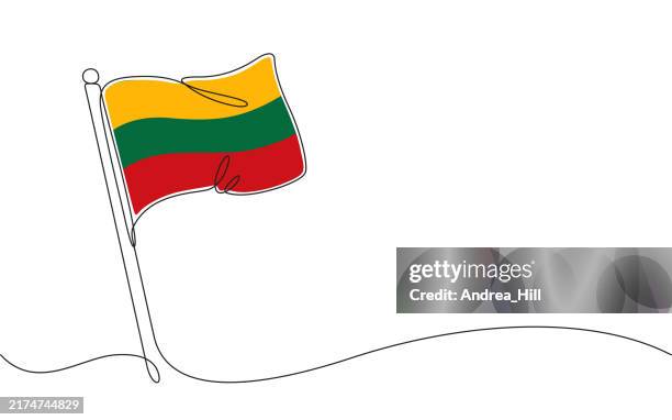 flag of the european country of lithuania. continuous line drawing with color elements, editable stroke and copy space - lithuania stock illustrations