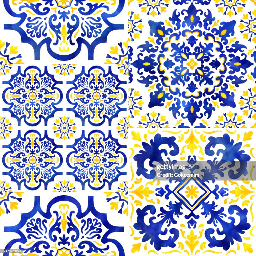 Watercolor Mediterranean Amalfi Coast Seamlesspattern. Ceramic tile. Portuguese, Sicilian, Spanish tile traditional design. Backdrop for wrapping paper, wallpaper, fabric, textile.