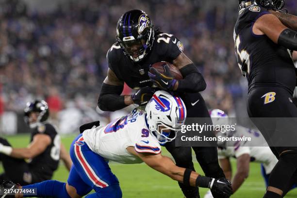 Baltimore Ravens running back Derrick Henry fights for extra yards during an NFL game between the Buffalo Bills and the Baltimore Ravens on September...