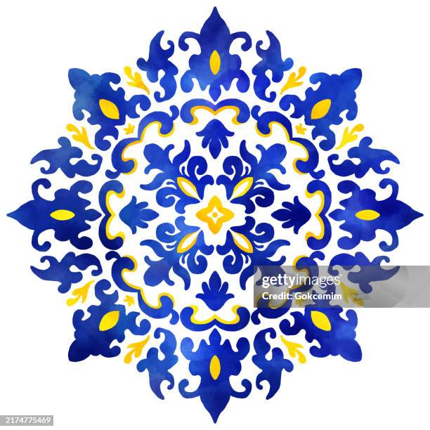 aquarell mediterrane amalfiküste mandala. keramikfliesen. portugiesische, sizilianische, spanische fliese traditionelles design. hintergrund für geschenkpapier, tapeten, stoff, textilien. - portugiesische kultur stock-grafiken, -clipart, -cartoons und -symbole