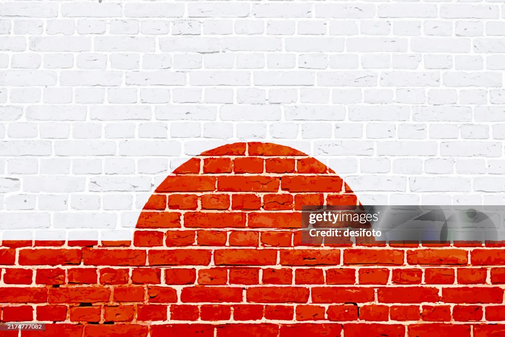 Horizontal vibrant bright dark red and white colored painted bordered scuffed whitewashed bricks pattern divided painted brickwall vector background with one red curve solid near bottom edge border like a curved wave or a speed bump