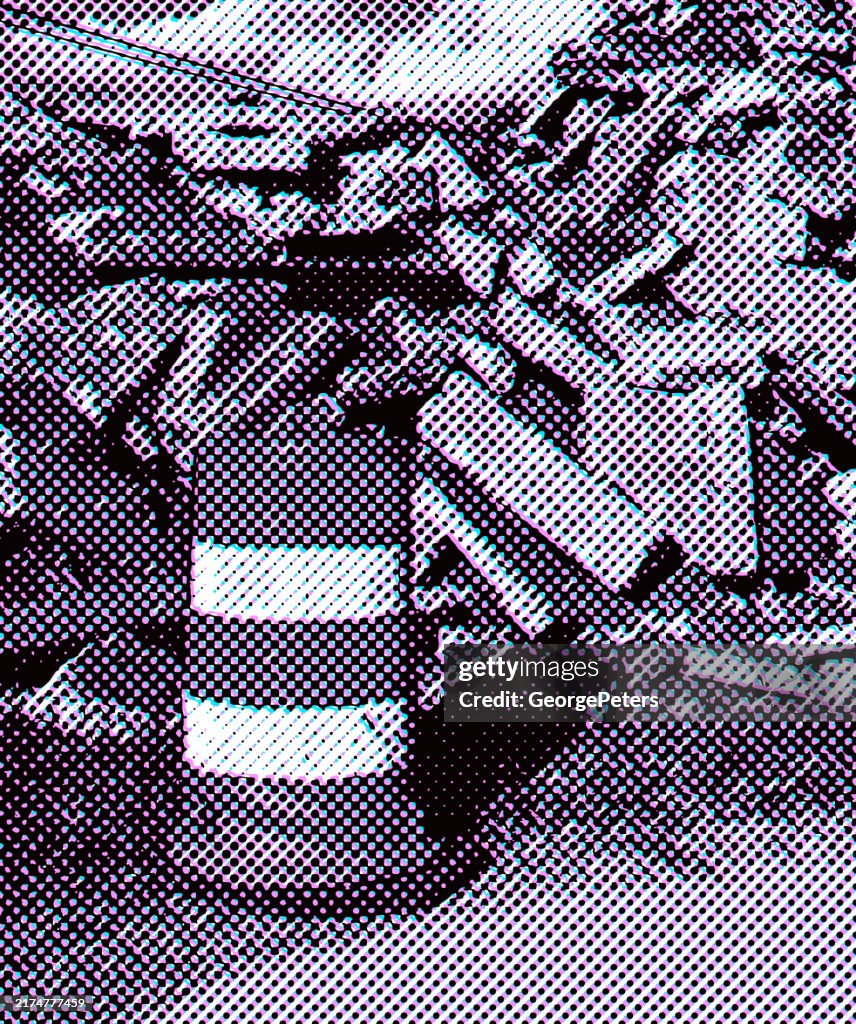 グリッチテクニックを備えた道路建設瓦礫の大きな山