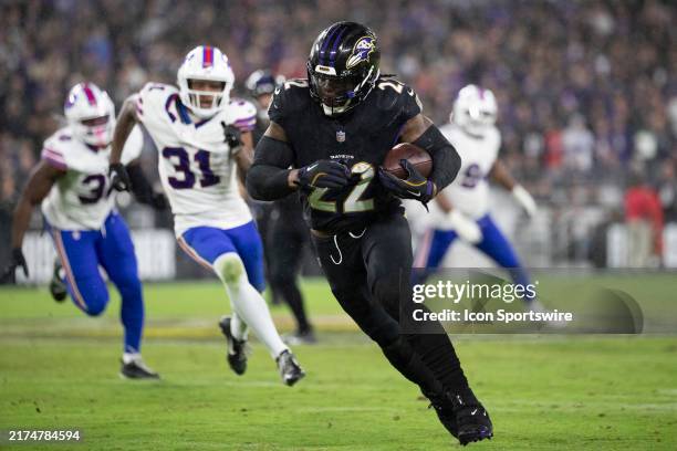 Baltimore Ravens running back Derrick Henry runs up the sideline during an NFL game between the Buffalo Bills and the Baltimore Ravens on September...