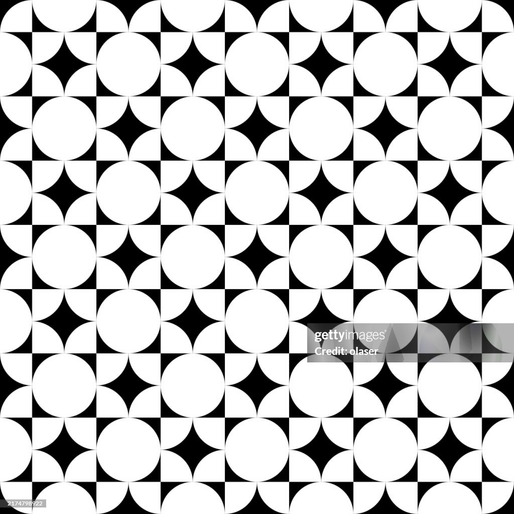 Black and white geometric seamless pattern with circles and crescents.