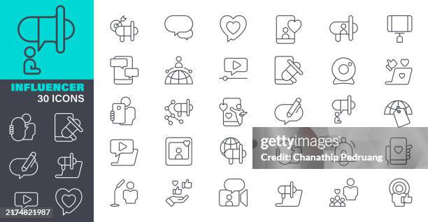 social media influencer icon set. 30 editable stroke vector graphic elements, stock illustration containing icon symbol, business, marketing, technology, people - camera icon editable stroke stock illustrations