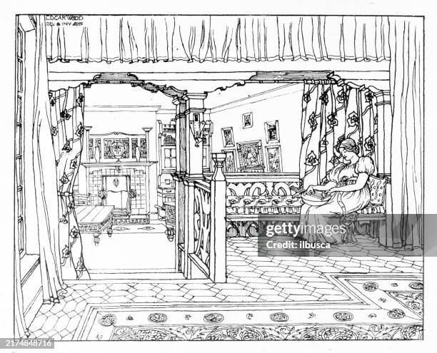 ilustraciones, imágenes clip art, dibujos animados e iconos de stock de arquitectura del siglo xix: cottage, huddersfield - victorian mansion interior