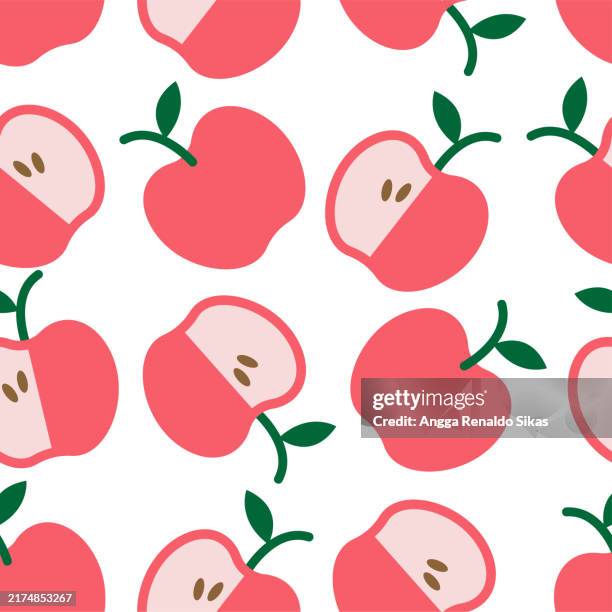 bildbanksillustrationer, clip art samt tecknat material och ikoner med cute apple flat color drawing seamless pattern - kawaii