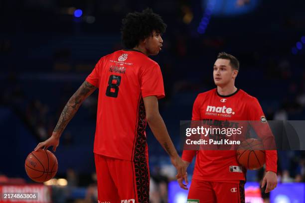 Izan Almansa of the Wildcats warms up before the round two NBL match between Perth Wildcats and Sydney Kings at RAC Arena, on September 27 in Perth,...
