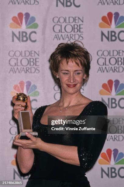 British actress Janet McTeer, wearing a black scoop neck outfit, in the 57th Golden Globe Awards press room at Beverly Hilton Hotel in Beverly Hills,...