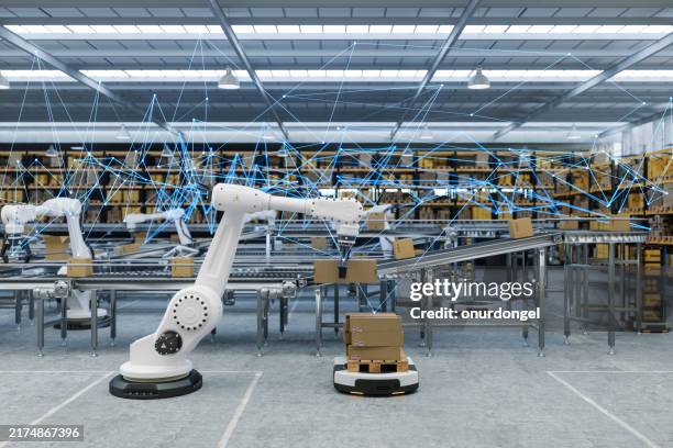 distribution warehouse with plexus, automated guided vehicles and robots working on conveyor belt - automatic warehouse stock pictures, royalty-free photos & images