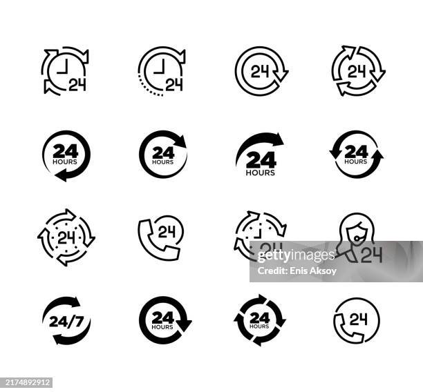 ilustrações de stock, clip art, desenhos animados e ícones de 24 7 service icons - aberto 24 horas