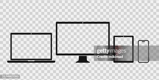 vector technology geräte silhouette icon set. fernseher, laptop, digitales tablet und smartphone. eps10 - tablet pc stock-grafiken, -clipart, -cartoons und -symbole