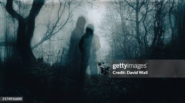 a double exposure horror concept. a ghost like hooded figure in a spooky foggy winters forest.with a grunge, vintage edit. - aterrorizado imagens e fotografias de stock