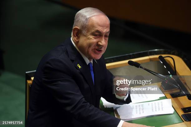 Israeli Prime Minister Benjamin Netanyahu addresses world leaders during the United Nations General Assembly at the United Nations headquarters on...