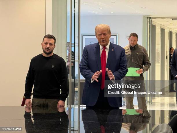 President of Ukraine Volodymyr Zelenskyi and Republican presidential candidate former US President Donald Trump meet in New York during the President...